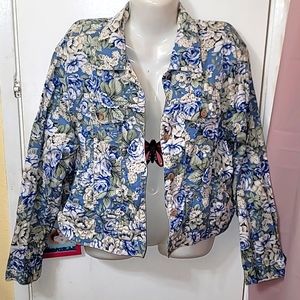 Vintage Denim floral jacket button down pockets blue white multicolored cotton
